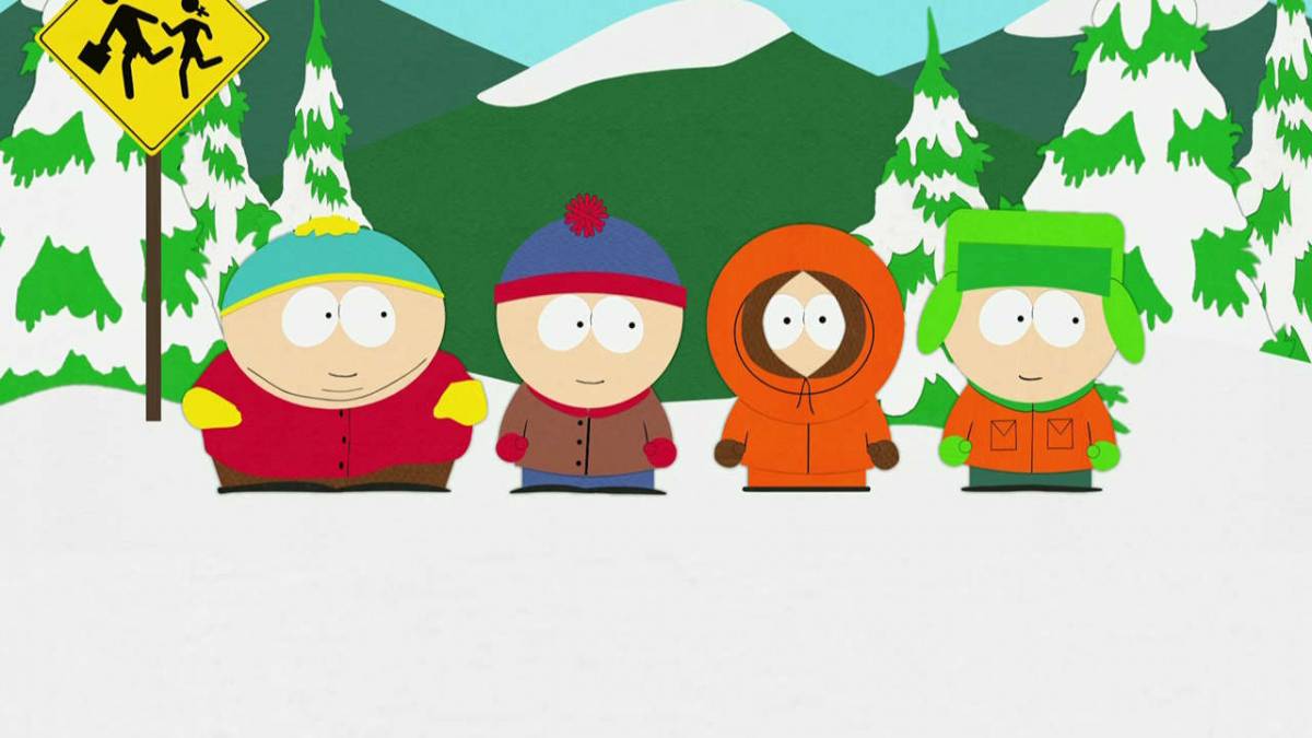 The South Park kids at their trademark bus stop