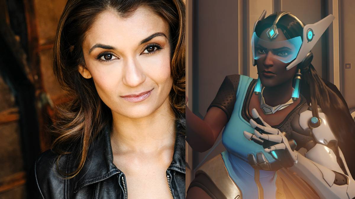 A headshot of Anjali, beside an image of Symmetra, posed to attack