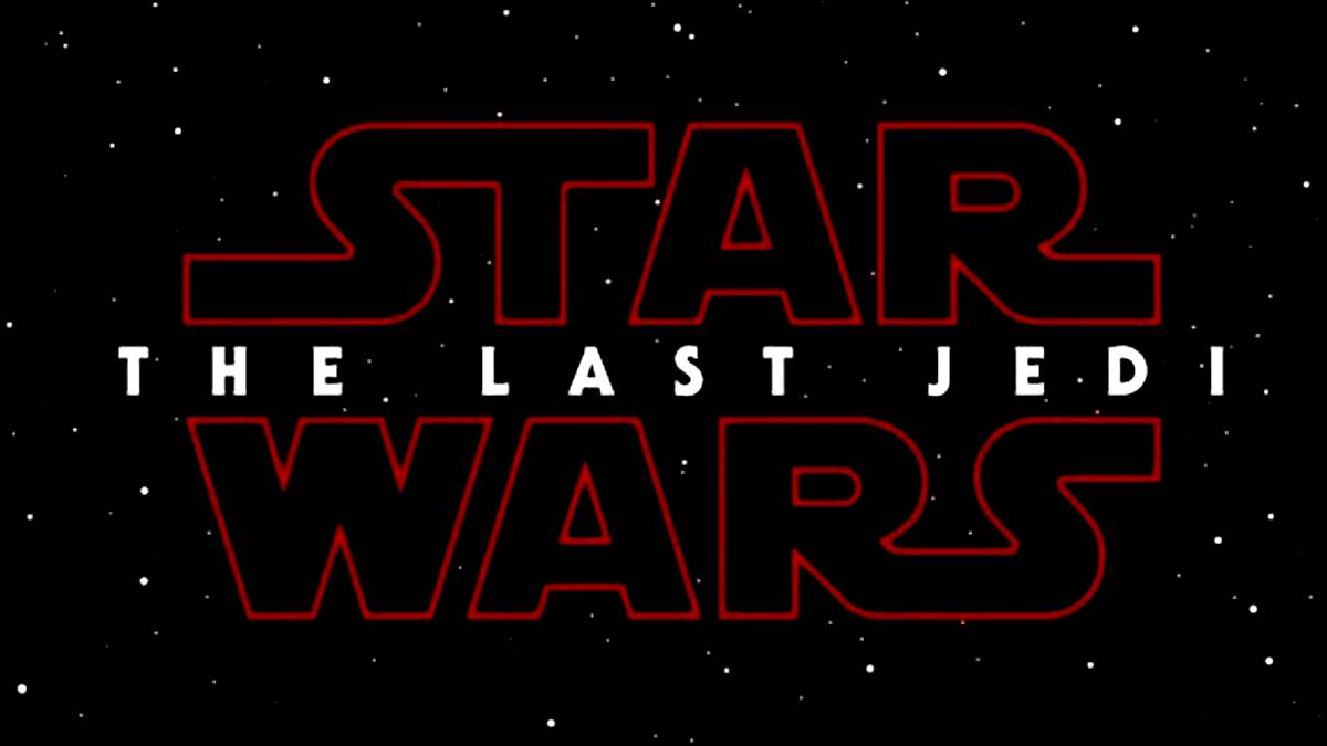 Red text on a black background of stars which reads "Star Wars: The Last Jedi"