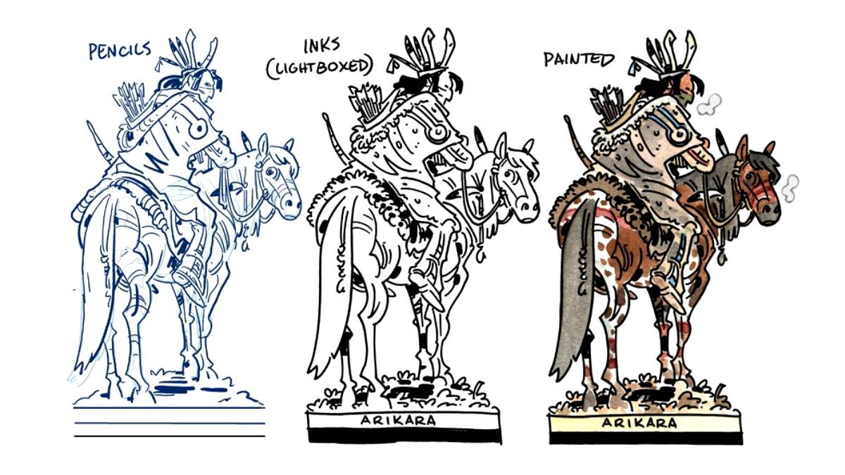 Process images on a Native American horseback paper figure, showing pencils, inks and colours