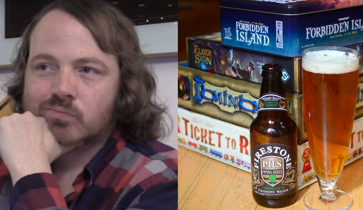 Aaron Yonda, beside an image of beer and a pile of board games