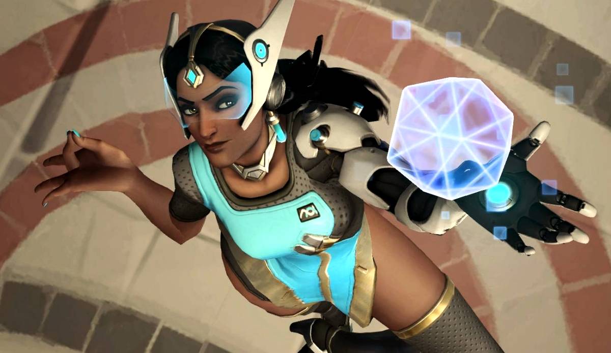 An Overwatch screenshot showing Symmetra in a highlight intro pose