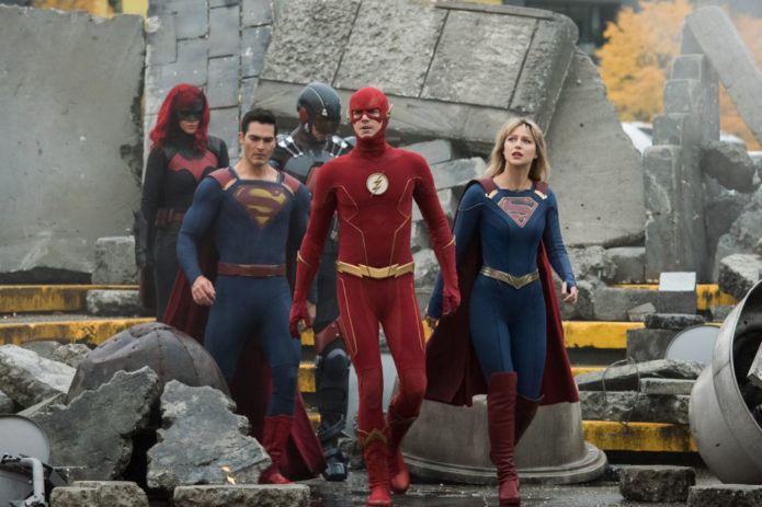 Supergirl -- "Crisis on Infinite Earths: Part One" -- Image Number: SPG509c_0093r.jpg -- Pictured (L-R): Ruby Rose as Kate Kane/Batwoman, Tyler Hoechlin as Clark Kent/Superman, Brandon Routh as Ray Palmer/Atom, Grant Gustin as The Flash and Melissa Benoist as Kara/Supergirl -- Photo: Dean Buscher/The CW -- © 2019 The CW Network, LLC. All Rights Reserved.