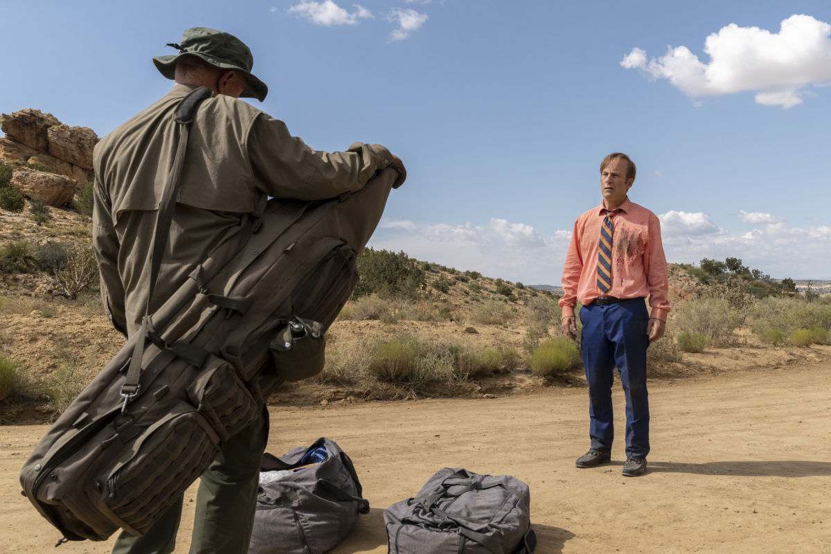 better call saul Jonathan Banks as Mike Ehrmantraut, Bob Odenkirk as Jimmy McGill - Better Call Saul _ Season 5, Episode 8 - Photo Credit: Greg Lewis/AMC/Sony Pictures Television