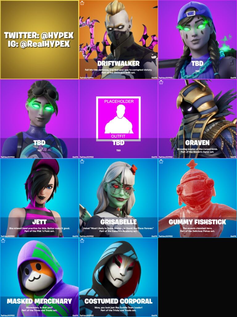 Fortnite Halloween Skins 2021 Golden Skull Trooper, Gummy Fishstick