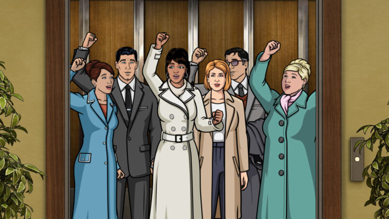 ARCHER -- “Shots”— Season 12, Episode 5 (Airs Wednesday, September 15th) — Pictured: (l-r) Cheryl/Carol Tunt (voice of Judy Greer), Sterling Archer (voice of H. Jon Benjamin), Lana Kane (voice of Aisha Tyler), Sandra (voice of Pamela Adlon), Cyril Figgis (voice of Chris Parnell) and Pam Poovey (voice of Amber Nash). CR:FXX