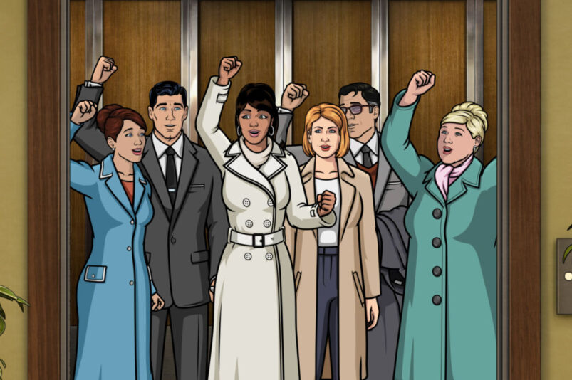 ARCHER -- “Shots”— Season 12, Episode 5 (Airs Wednesday, September 15th) — Pictured: (l-r) Cheryl/Carol Tunt (voice of Judy Greer), Sterling Archer (voice of H. Jon Benjamin), Lana Kane (voice of Aisha Tyler), Sandra (voice of Pamela Adlon), Cyril Figgis (voice of Chris Parnell) and Pam Poovey (voice of Amber Nash). CR:FXX