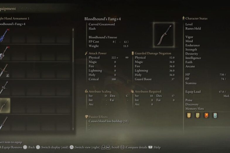 Elden Ring Bloodhound's Fang Stats