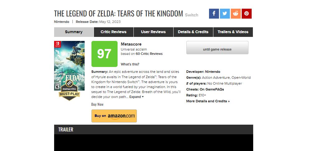 The Legend of Zelda: Tears of the Kingdom' Metacritic Rating and