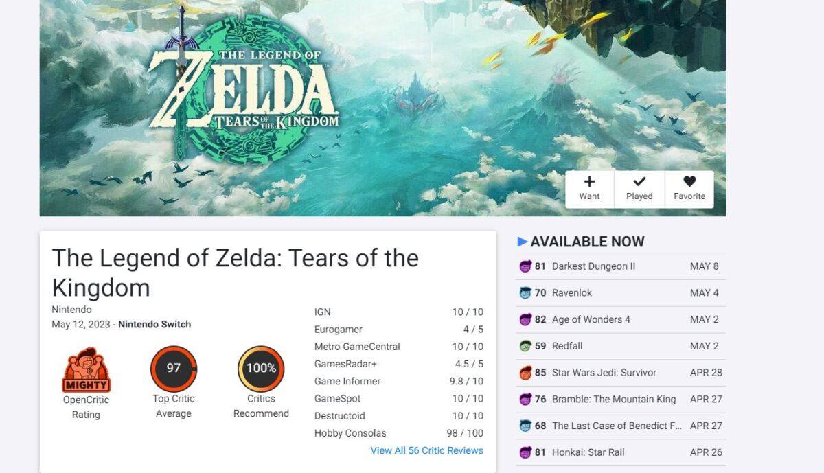 metacritic on X: The Best Games of 2023:  #2 - The  Legend of Zelda: Tears of the Kingdom [96]  / X