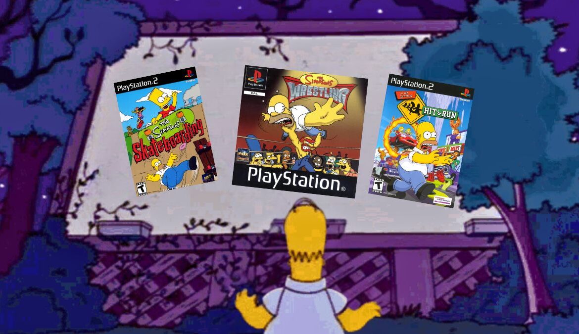 An image of Homer staring at a billboard with various Simpsons games on it