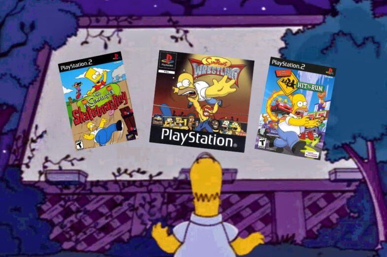 An image of Homer staring at a billboard with various Simpsons games on it