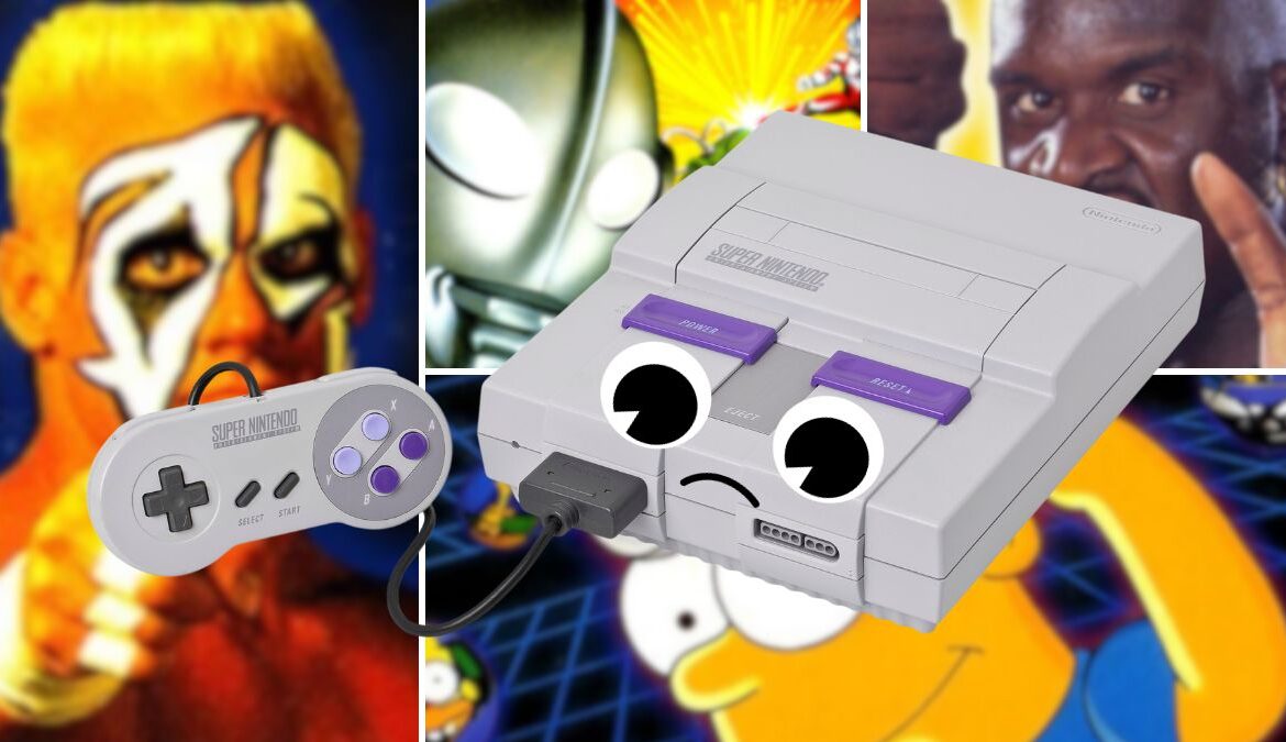 A collage showing a sad SNES console with some of its worst games behind it
