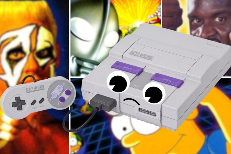 A collage showing a sad SNES console with some of its worst games behind it